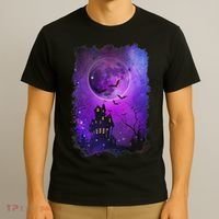 Spooky Halloween Haunted House Bats & Blood Moon Scene T-Shirt thumb 3