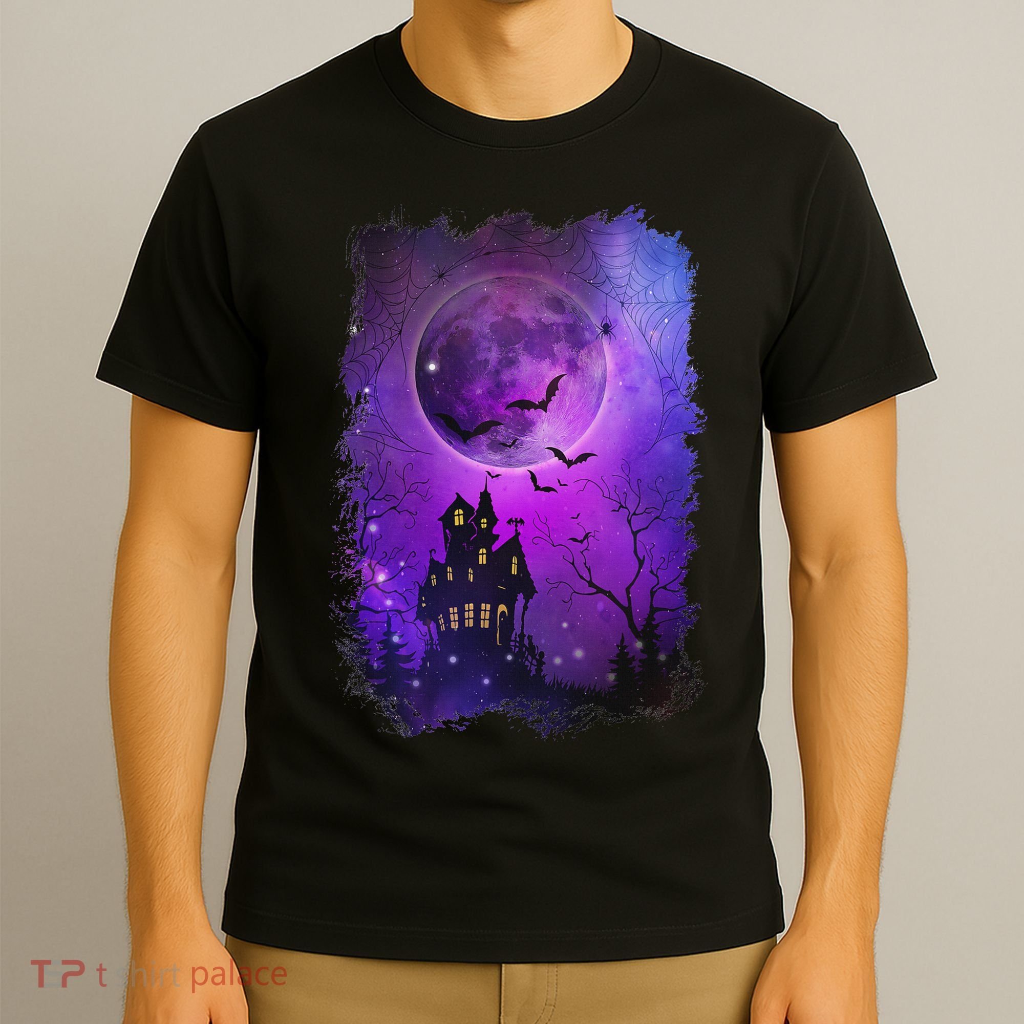 Spooky Halloween Haunted House Bats & Blood Moon Scene T-Shirt