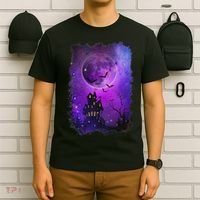 Spooky Halloween Haunted House Bats & Blood Moon Scene T-Shirt thumb 6