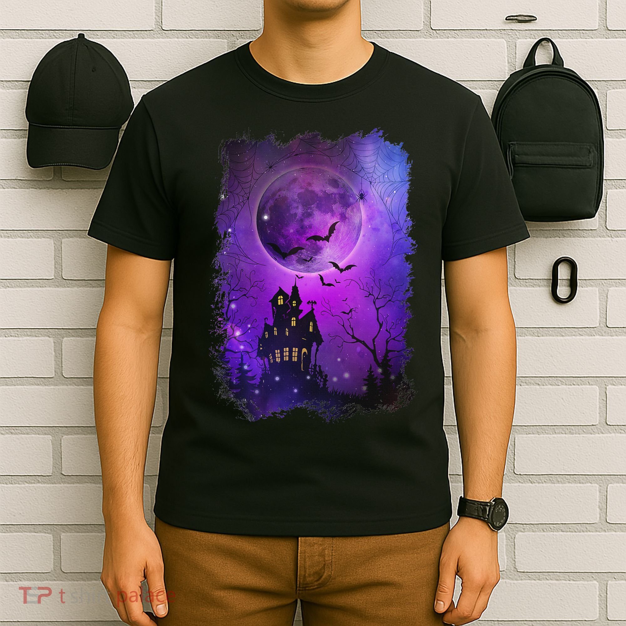 Spooky Halloween Haunted House Bats & Blood Moon Scene T-Shirt