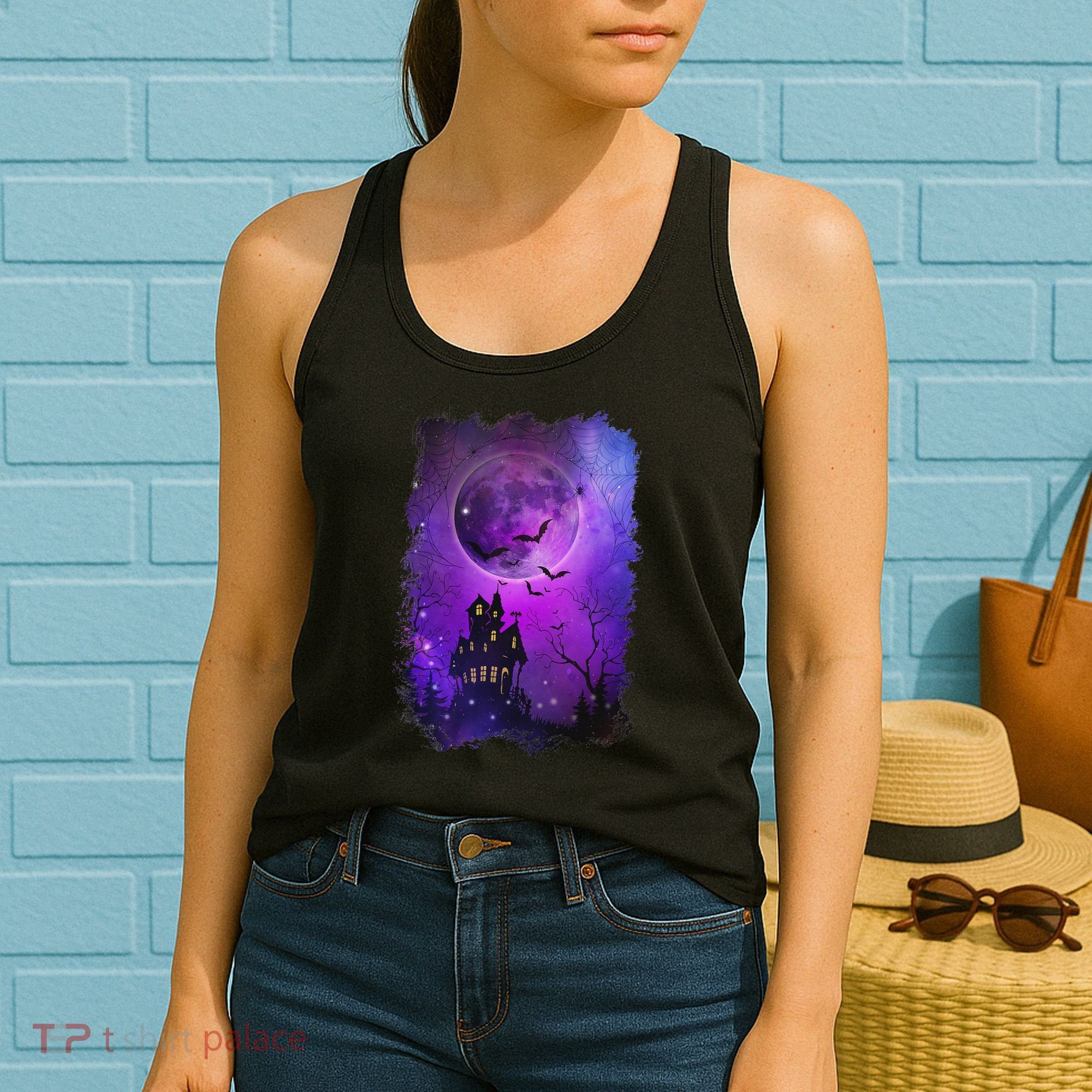 Spooky Halloween Haunted House Bats & Blood Moon Scene Women's Tank Top
