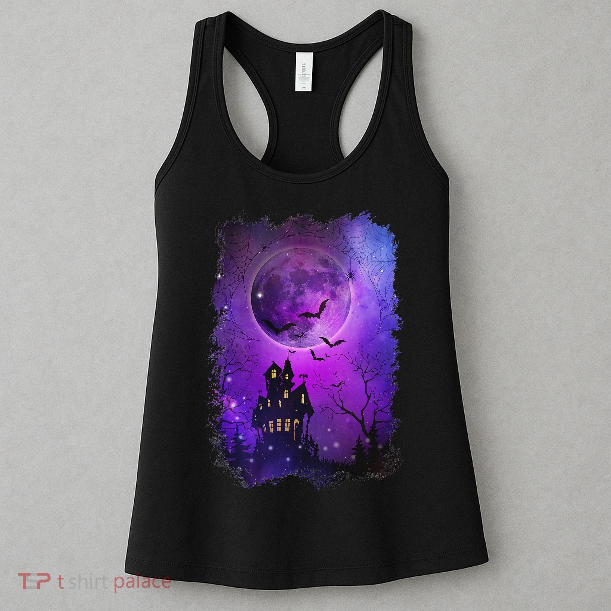 Spooky Halloween Haunted House Bats & Blood Moon Scene Women's Tank Top