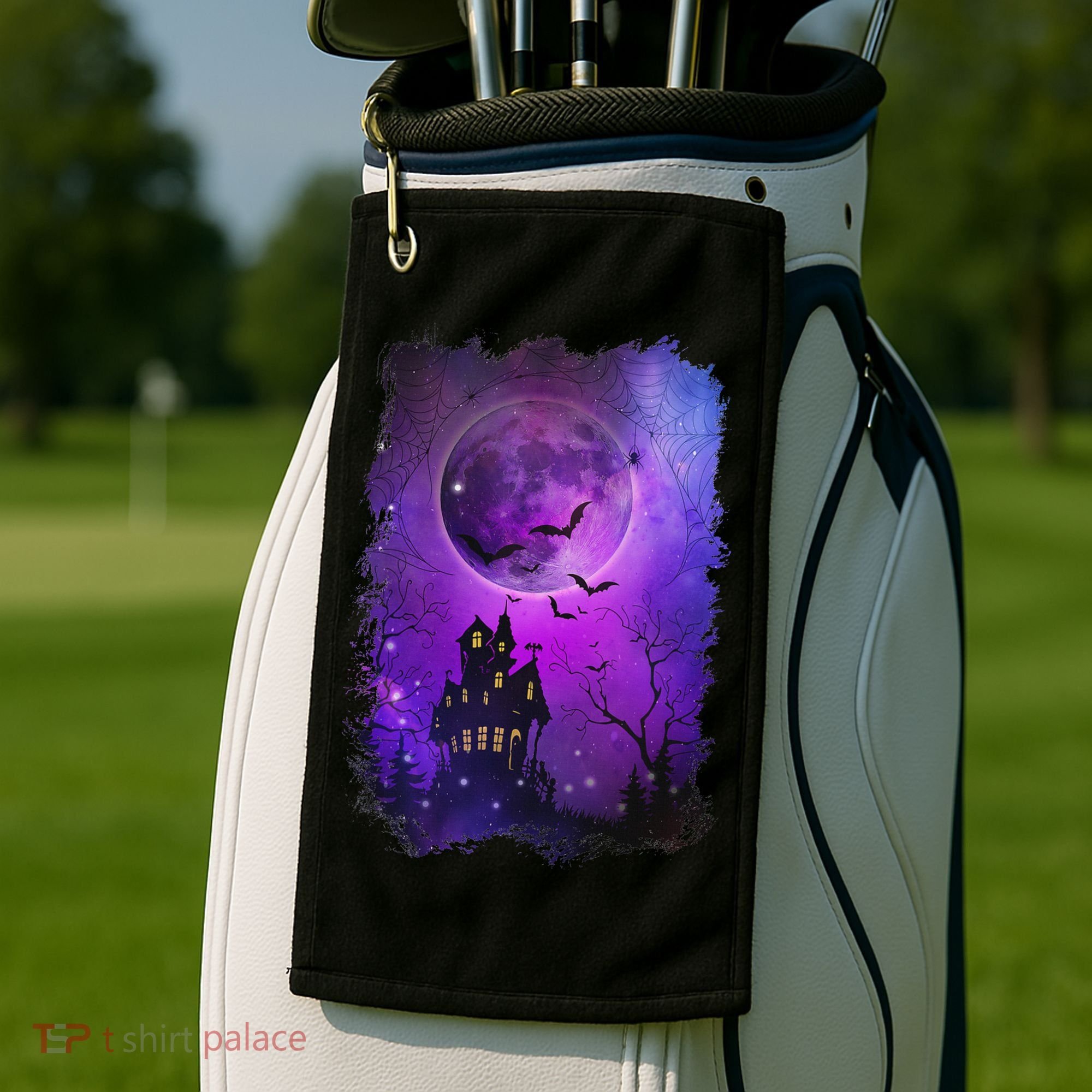 Spooky Halloween Haunted House Bats & Blood Moon Scene Golf Towel