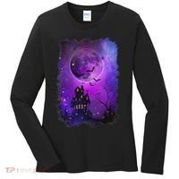 Spooky Halloween Haunted House Bats & Blood Moon Scene Women's Long Sleeve Shirt thumb 0