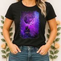 Spooky Halloween Haunted House Bats & Blood Moon Scene Women's T-Shirt thumb 2