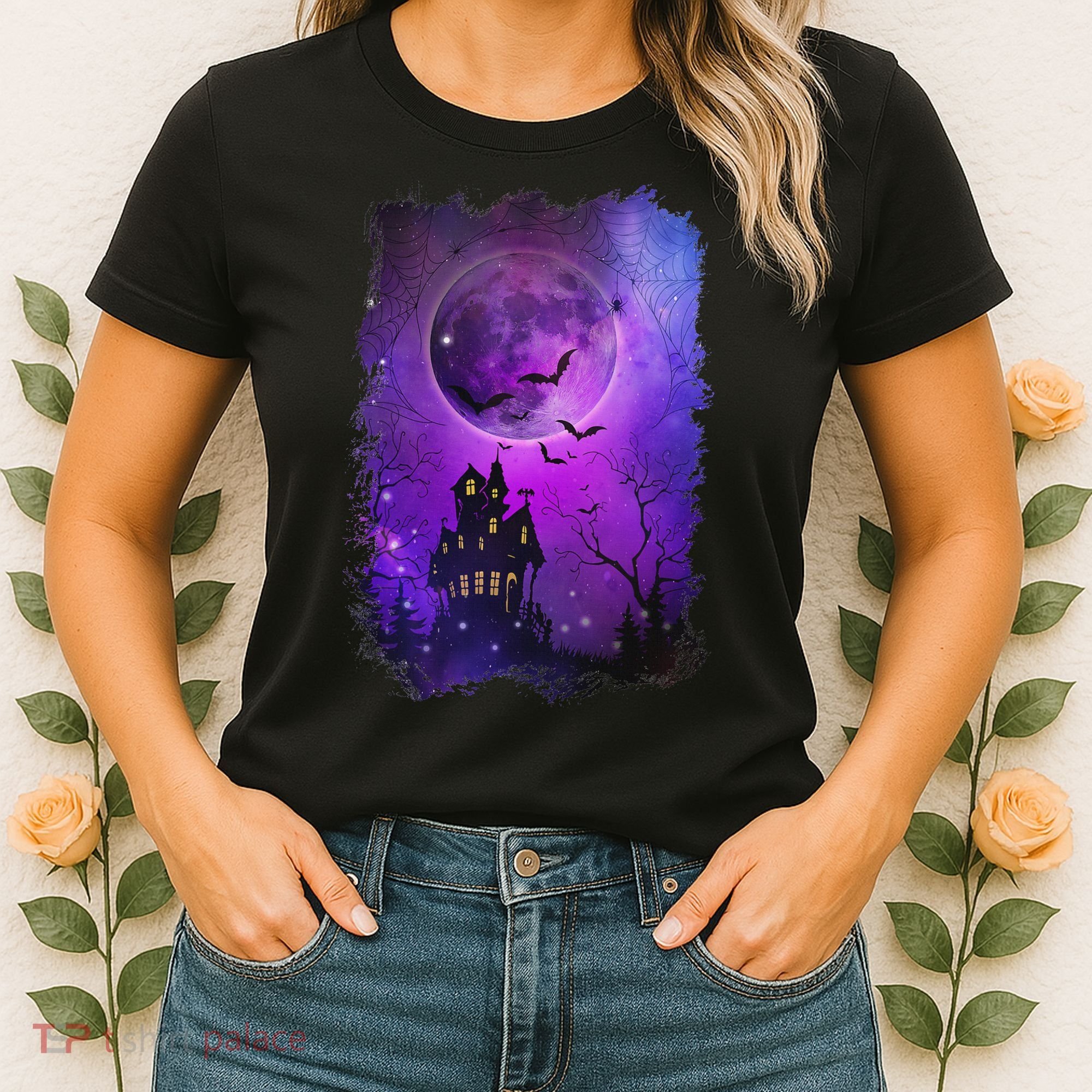 Spooky Halloween Haunted House Bats & Blood Moon Scene Women's T-Shirt