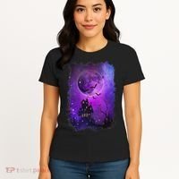Spooky Halloween Haunted House Bats & Blood Moon Scene Women's T-Shirt thumb 4