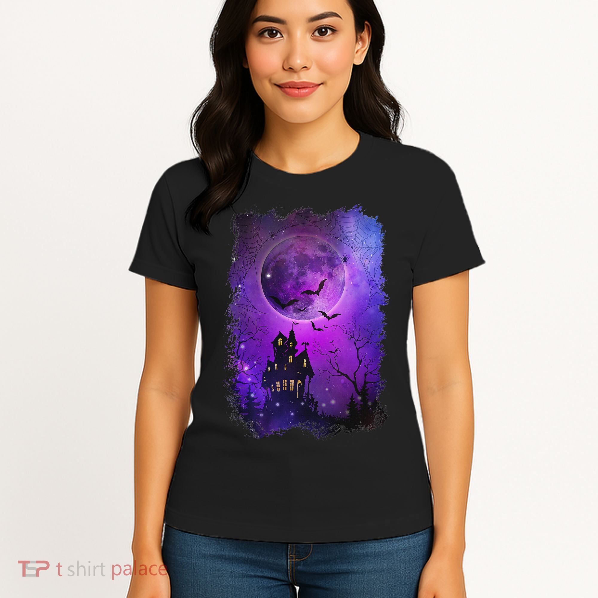 Spooky Halloween Haunted House Bats & Blood Moon Scene Women's T-Shirt