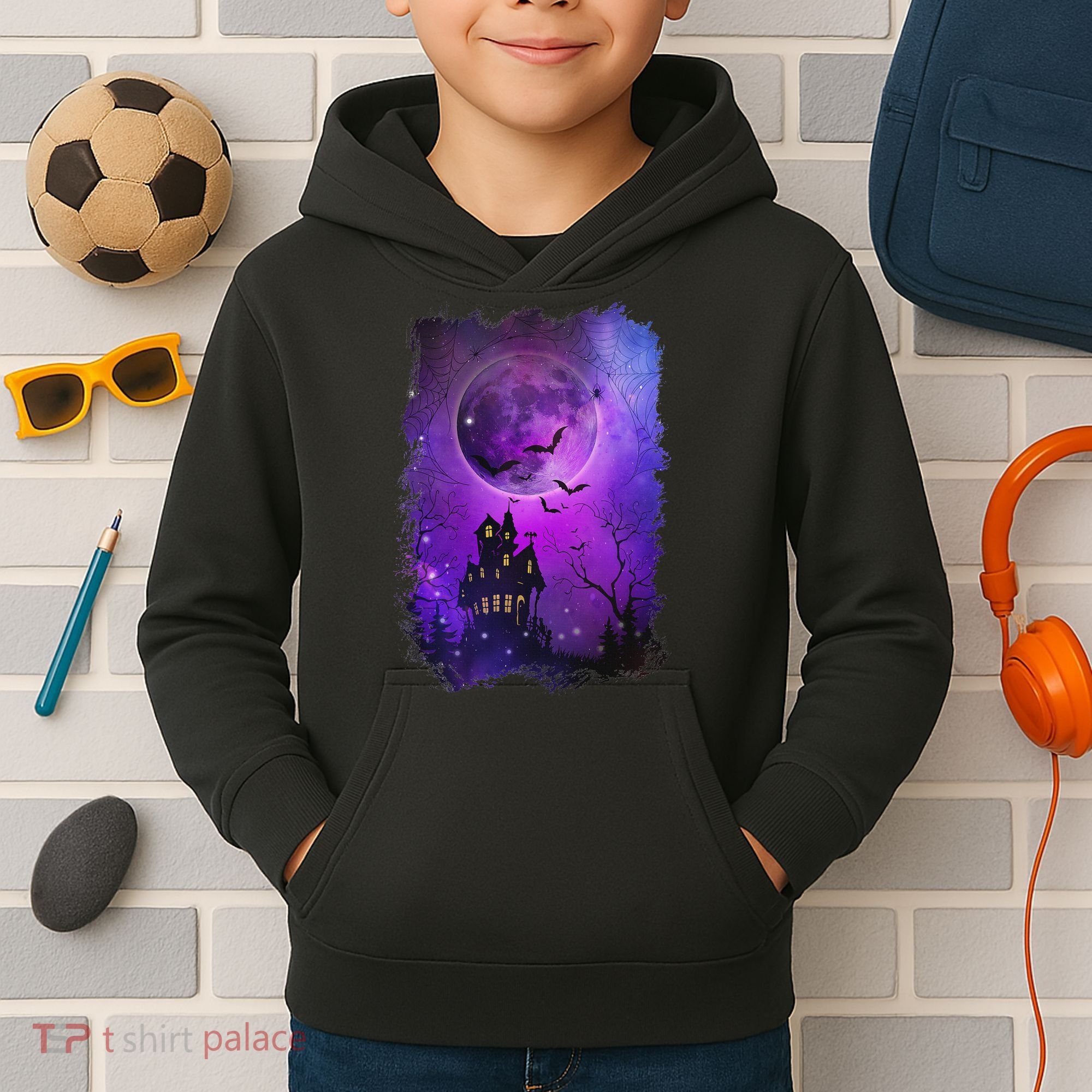 Spooky Halloween Haunted House Bats & Blood Moon Scene Kids Hoodie