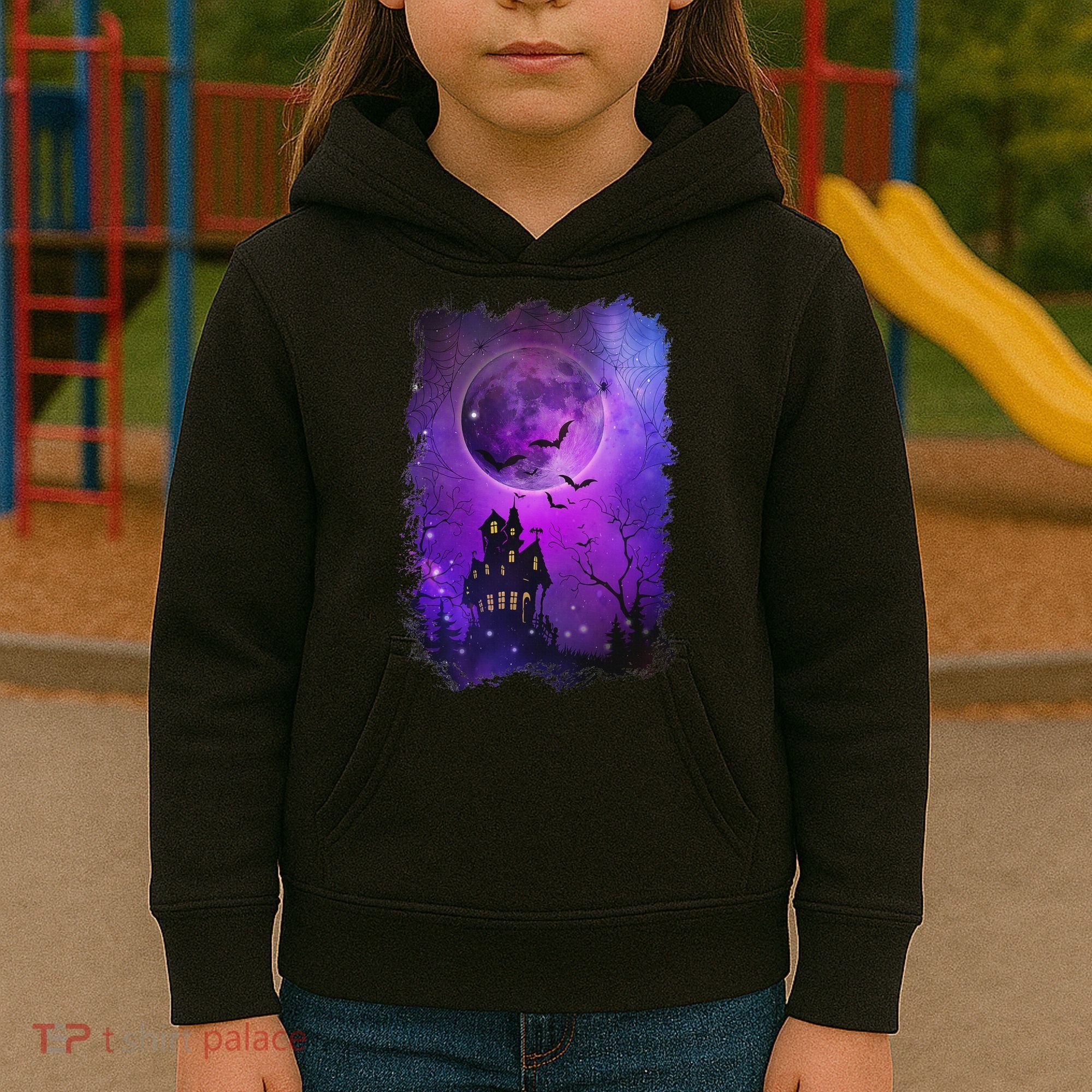 Spooky Halloween Haunted House Bats & Blood Moon Scene Kids Hoodie