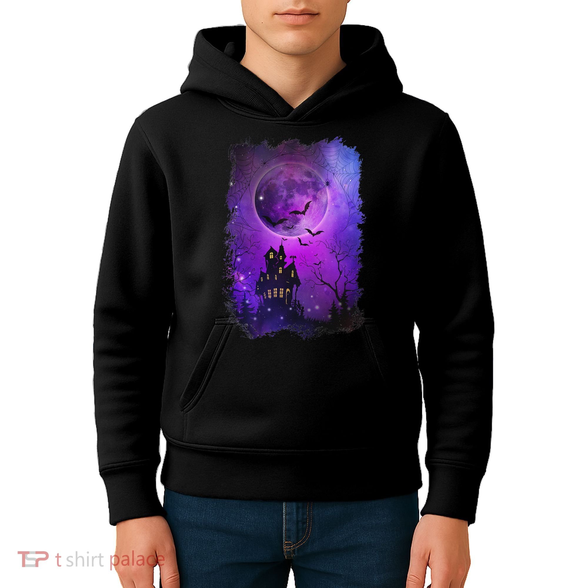Spooky Halloween Haunted House Bats & Blood Moon Scene Kids Hoodie