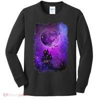 Spooky Halloween Haunted House Bats & Blood Moon Scene Kids Long Sleeve Shirt thumb 0