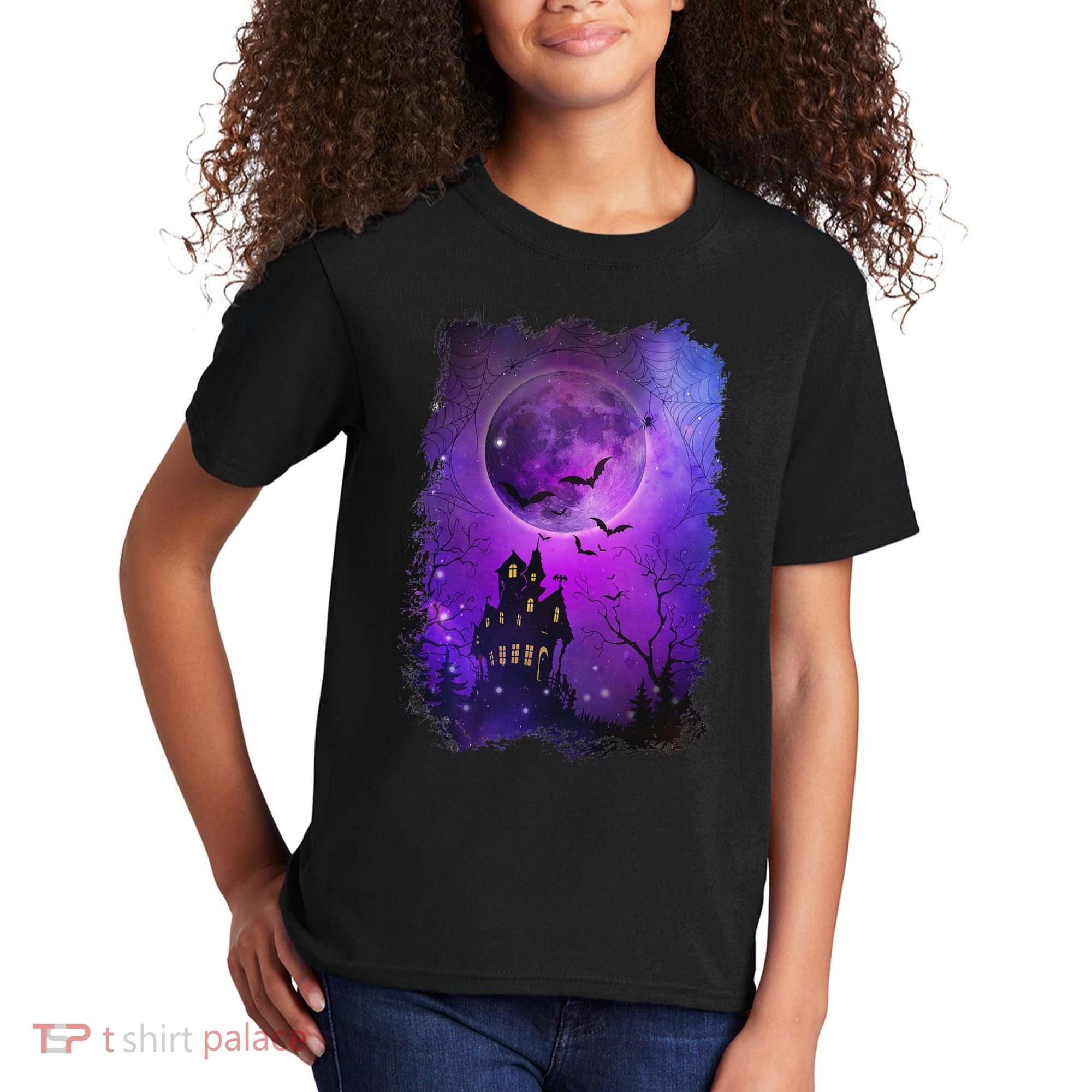 Spooky Halloween Haunted House Bats & Blood Moon Scene Kids T-Shirt