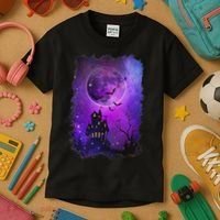Spooky Halloween Haunted House Bats & Blood Moon Scene Kids T-Shirt thumb 3