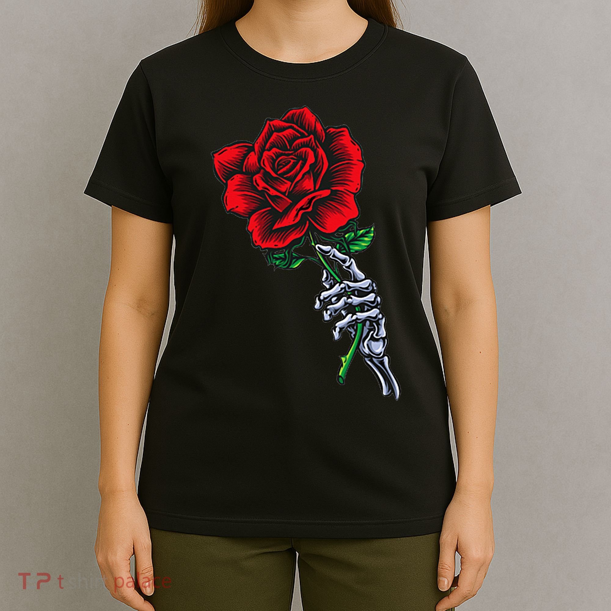 Skeleton Hand Holding Rose Aesthetic Red Flower T-Shirt