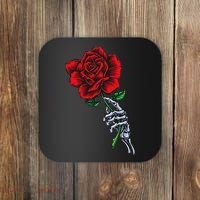 Skeleton Hand Holding Rose Aesthetic Red Flower Coaster thumb 0