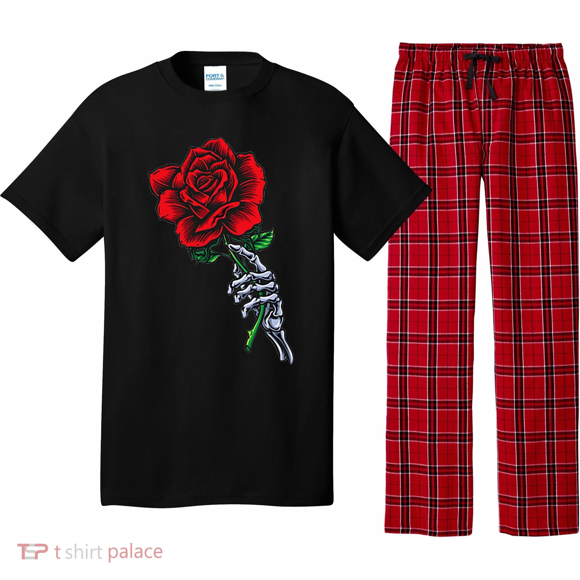 Skeleton Hand Holding Rose Aesthetic Red Flower Pajama Set