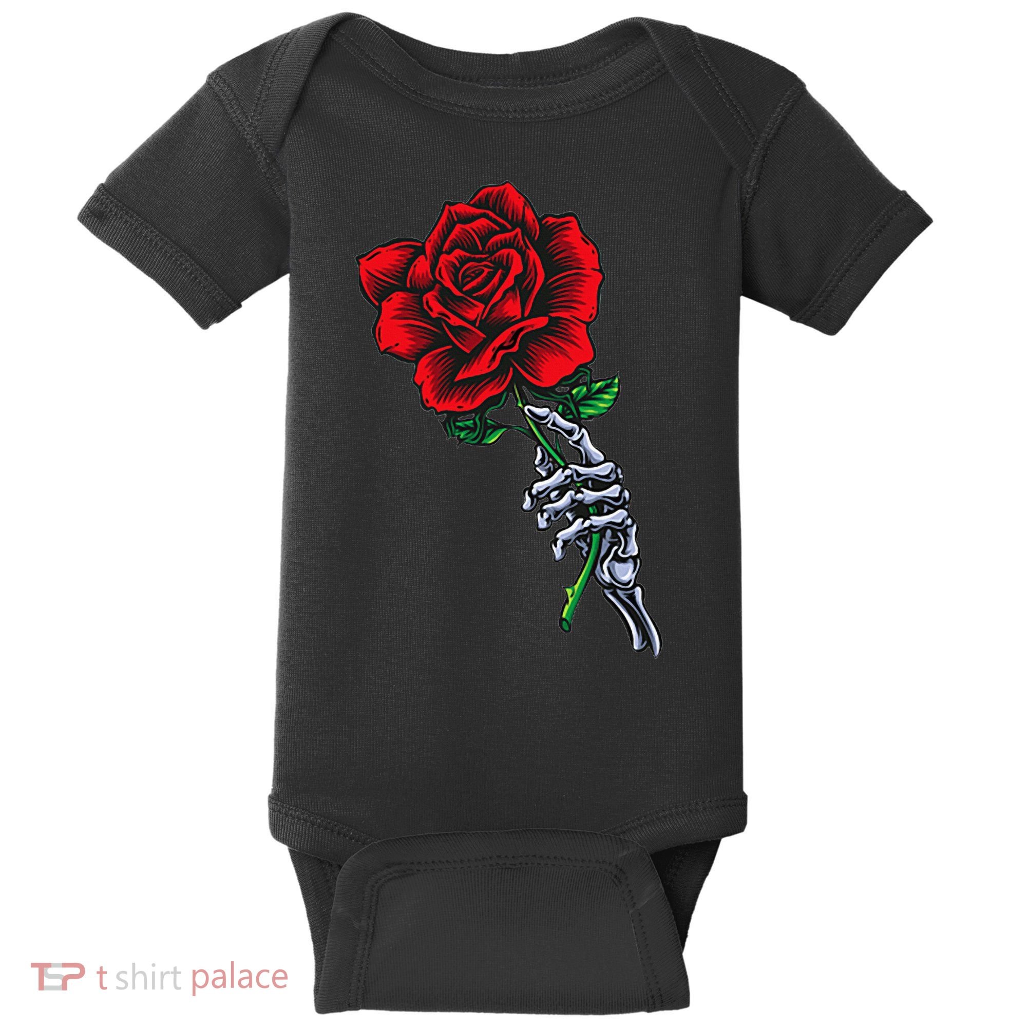 Skeleton Hand Holding Rose Aesthetic Red Flower Baby Bodysuit