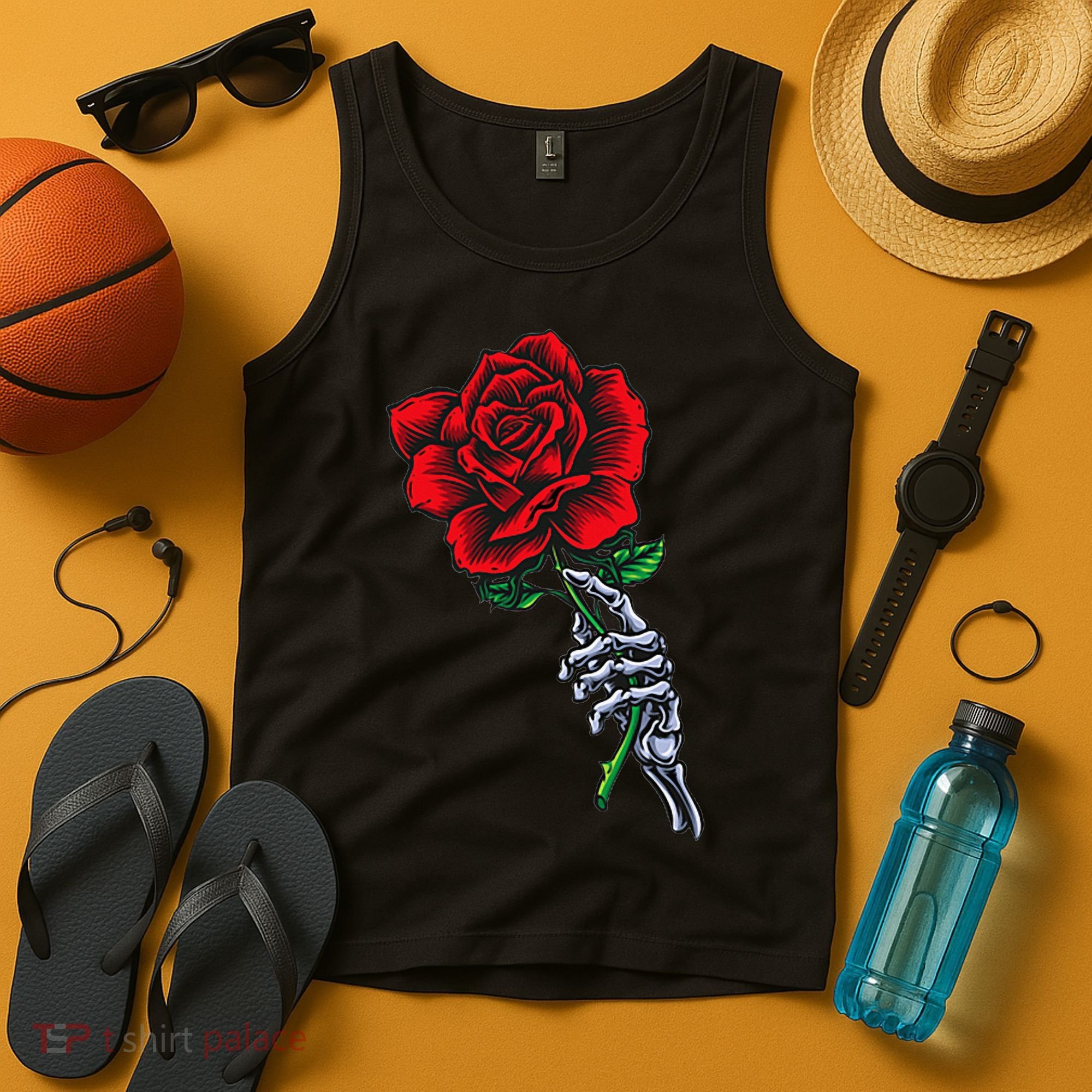 Skeleton Hand Holding Rose Aesthetic Red Flower Tank Top