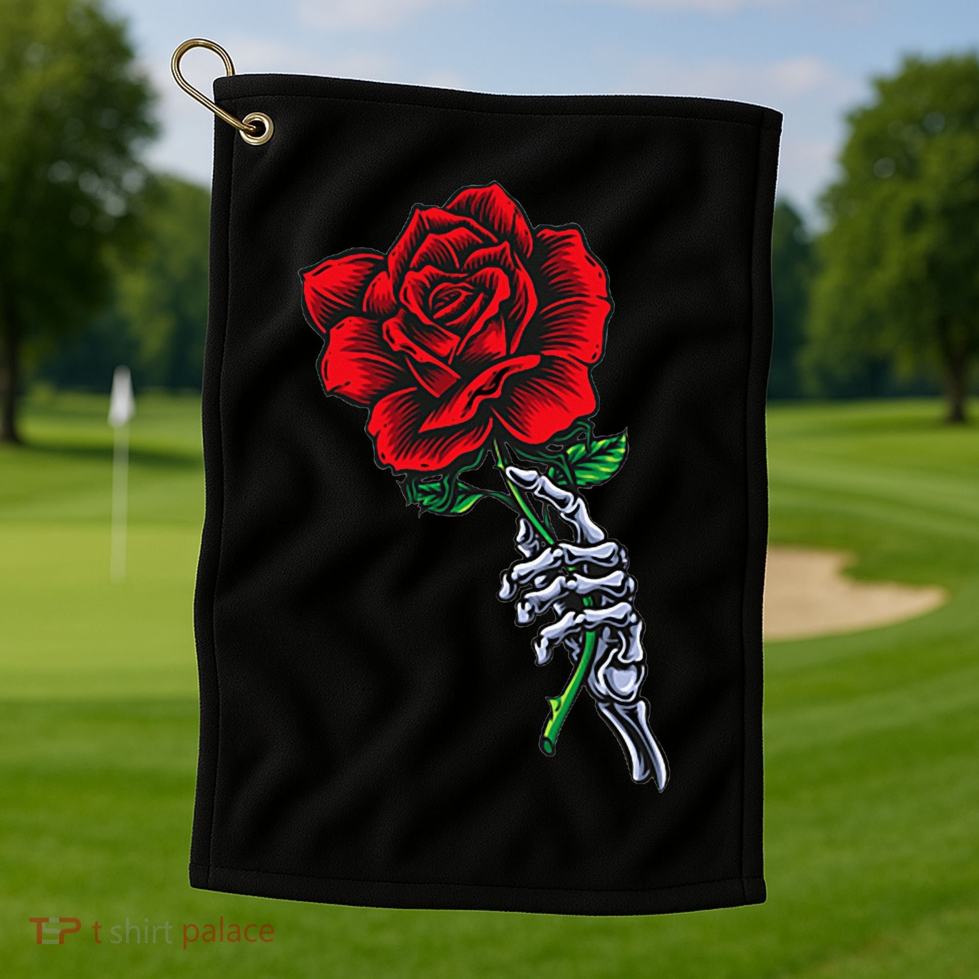 Skeleton Hand Holding Rose Aesthetic Red Flower Golf Towel