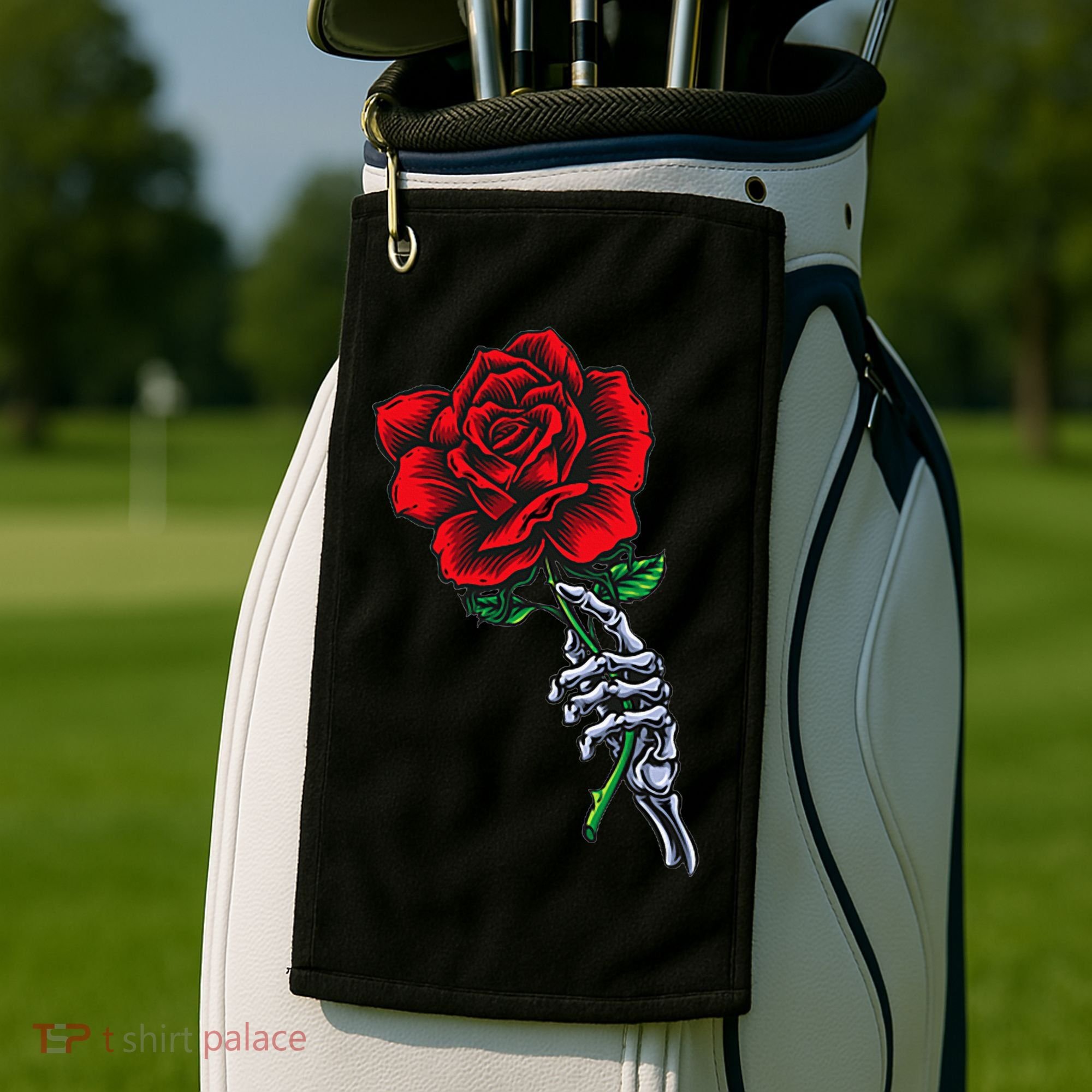 Skeleton Hand Holding Rose Aesthetic Red Flower Golf Towel