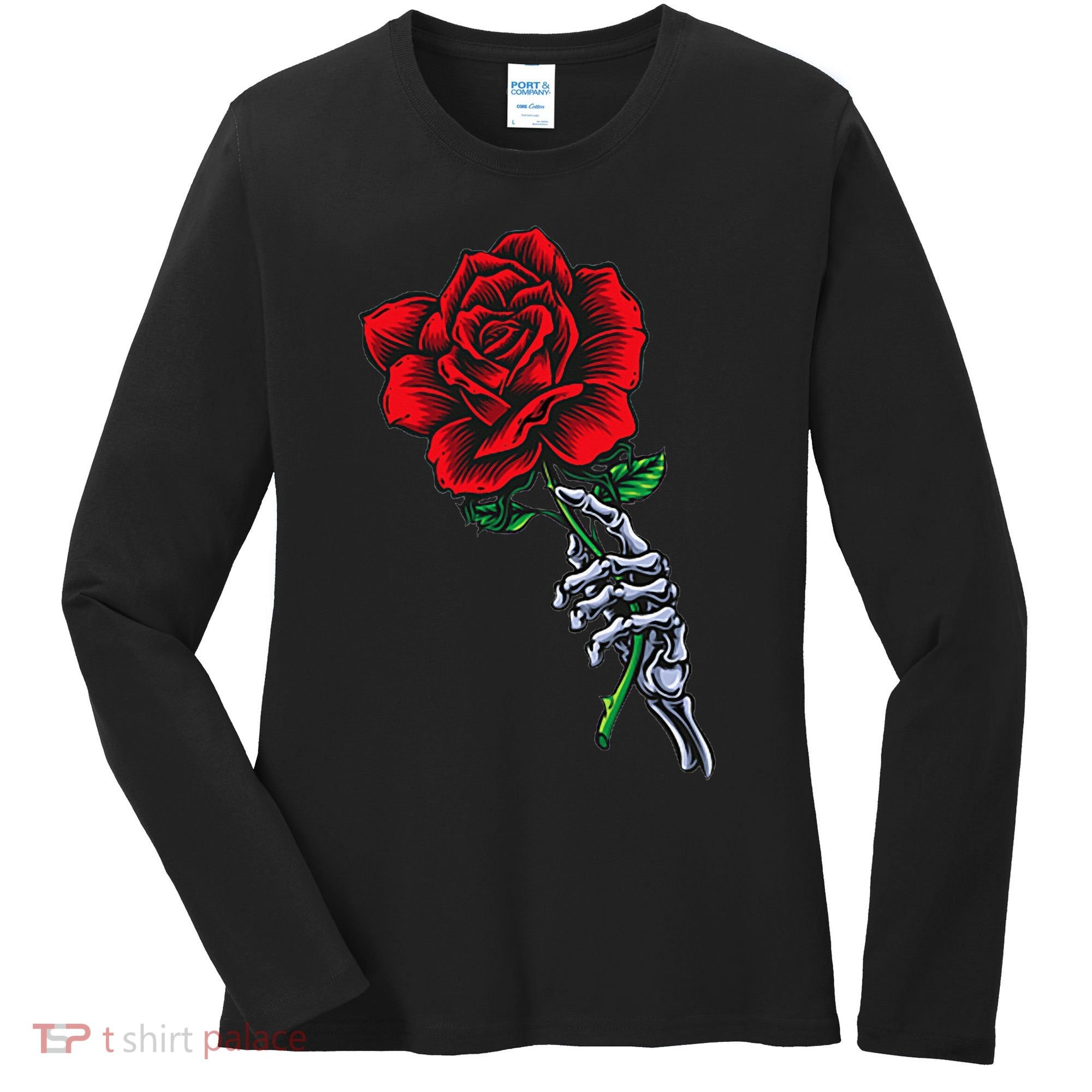 Skeleton Hand Holding Rose Aesthetic Red Flower Women's Long Sleeve Shirt