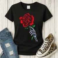 Skeleton Hand Holding Rose Aesthetic Red Flower Women's T-Shirt thumb 3