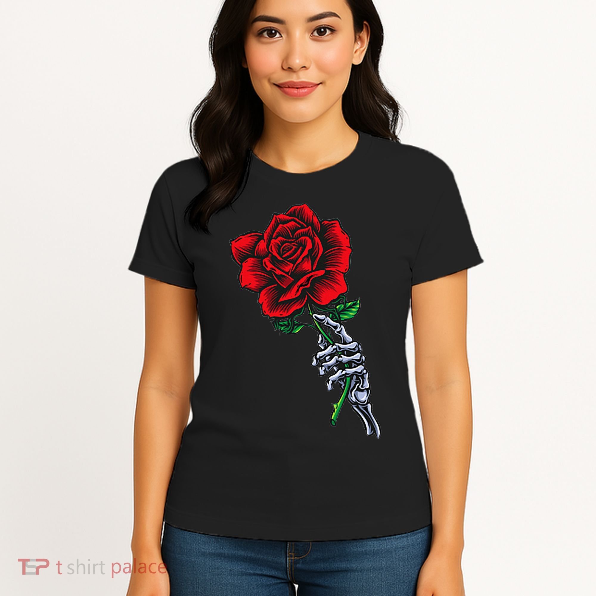 Skeleton Hand Holding Rose Aesthetic Red Flower Women's T-Shirt