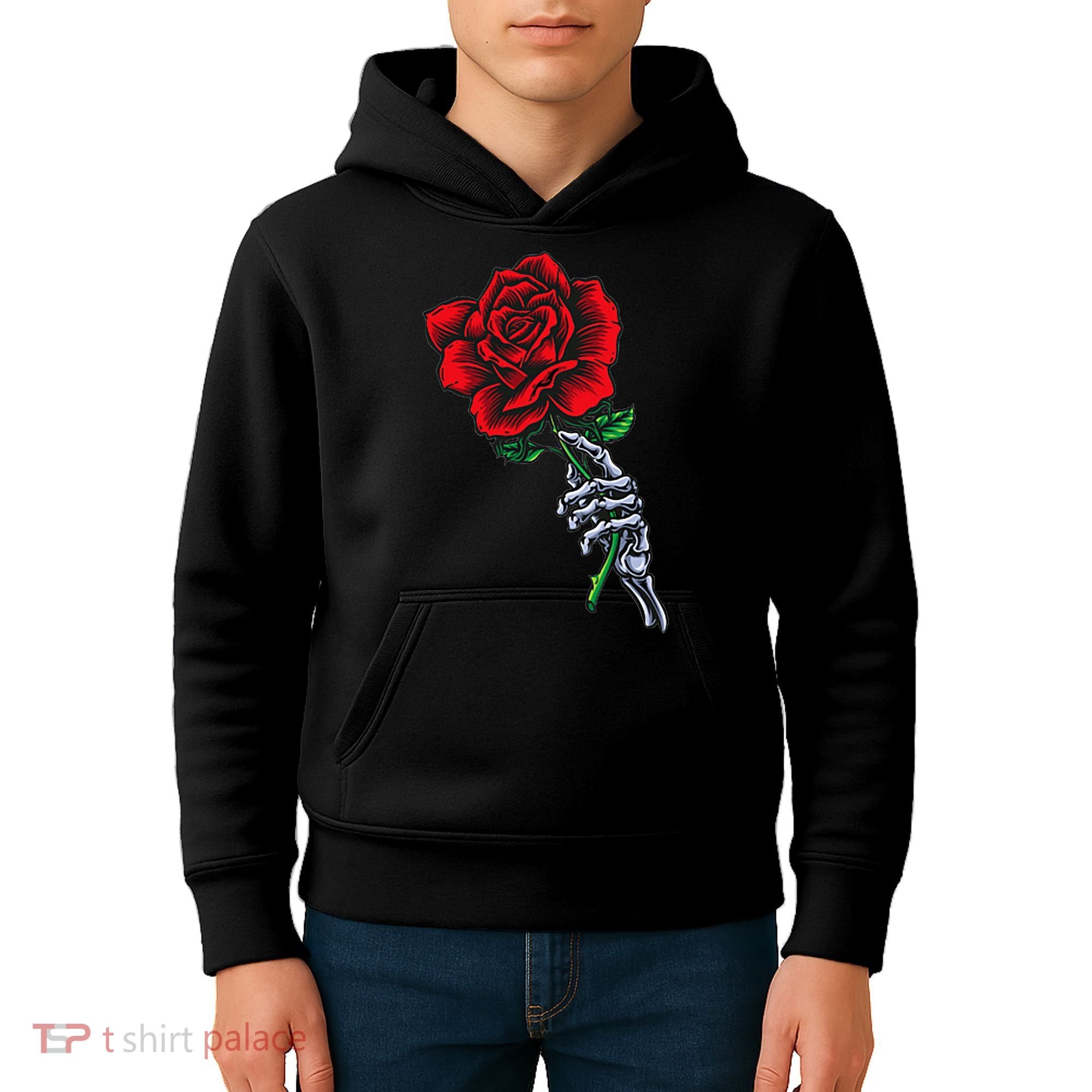 Skeleton Hand Holding Rose Aesthetic Red Flower Kids Hoodie