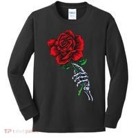 Skeleton Hand Holding Rose Aesthetic Red Flower Kids Long Sleeve Shirt thumb 0