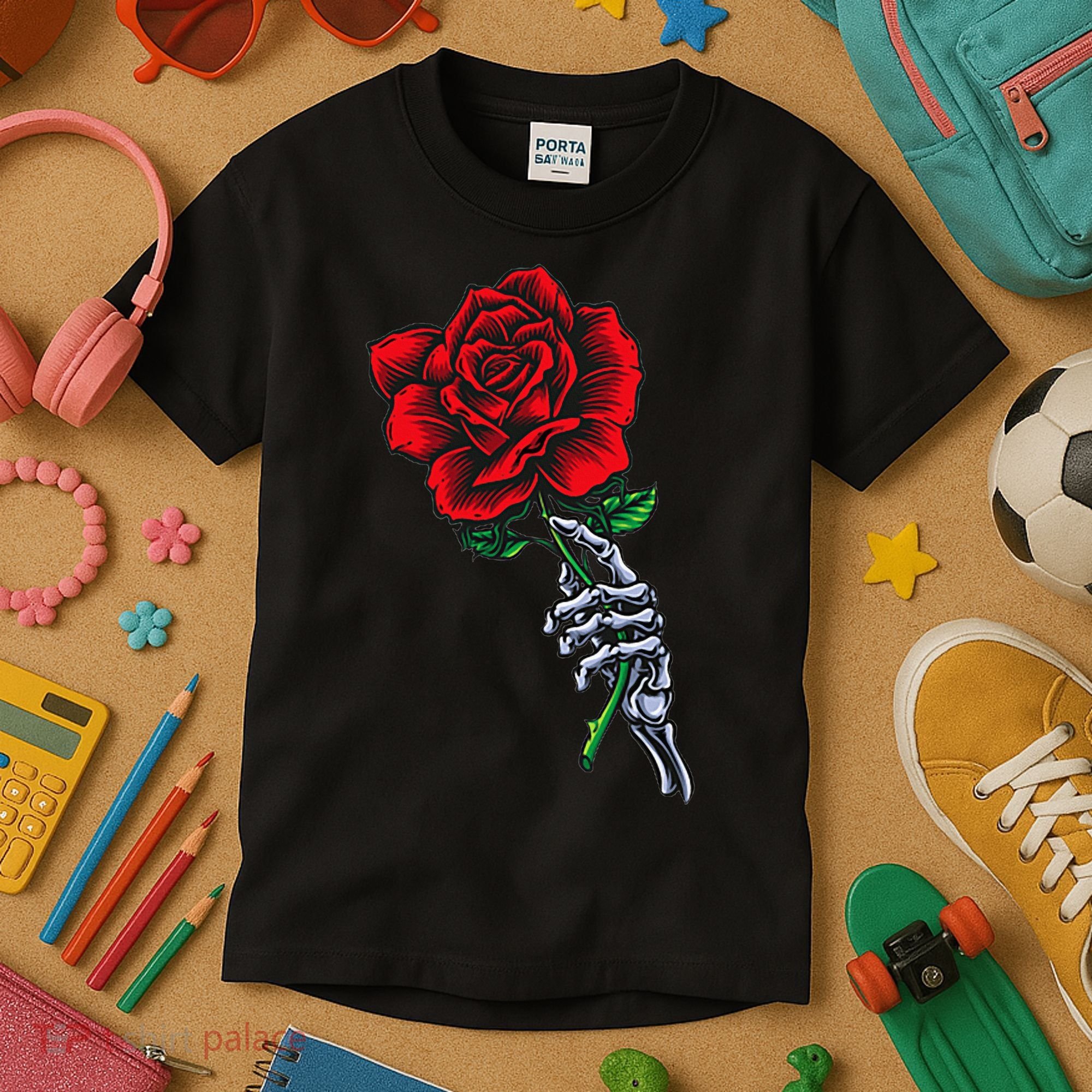 Skeleton Hand Holding Rose Aesthetic Red Flower Kids T-Shirt