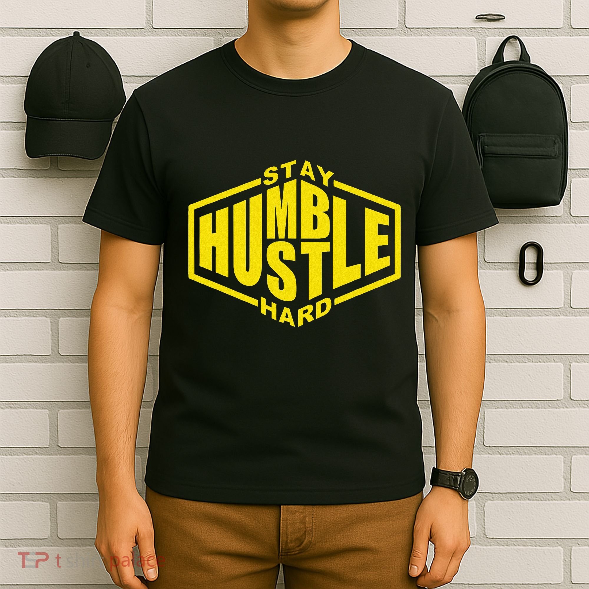 Stay Humble Hustle Hard Inspirational Bold Yellow Urban Vibe T-Shirt