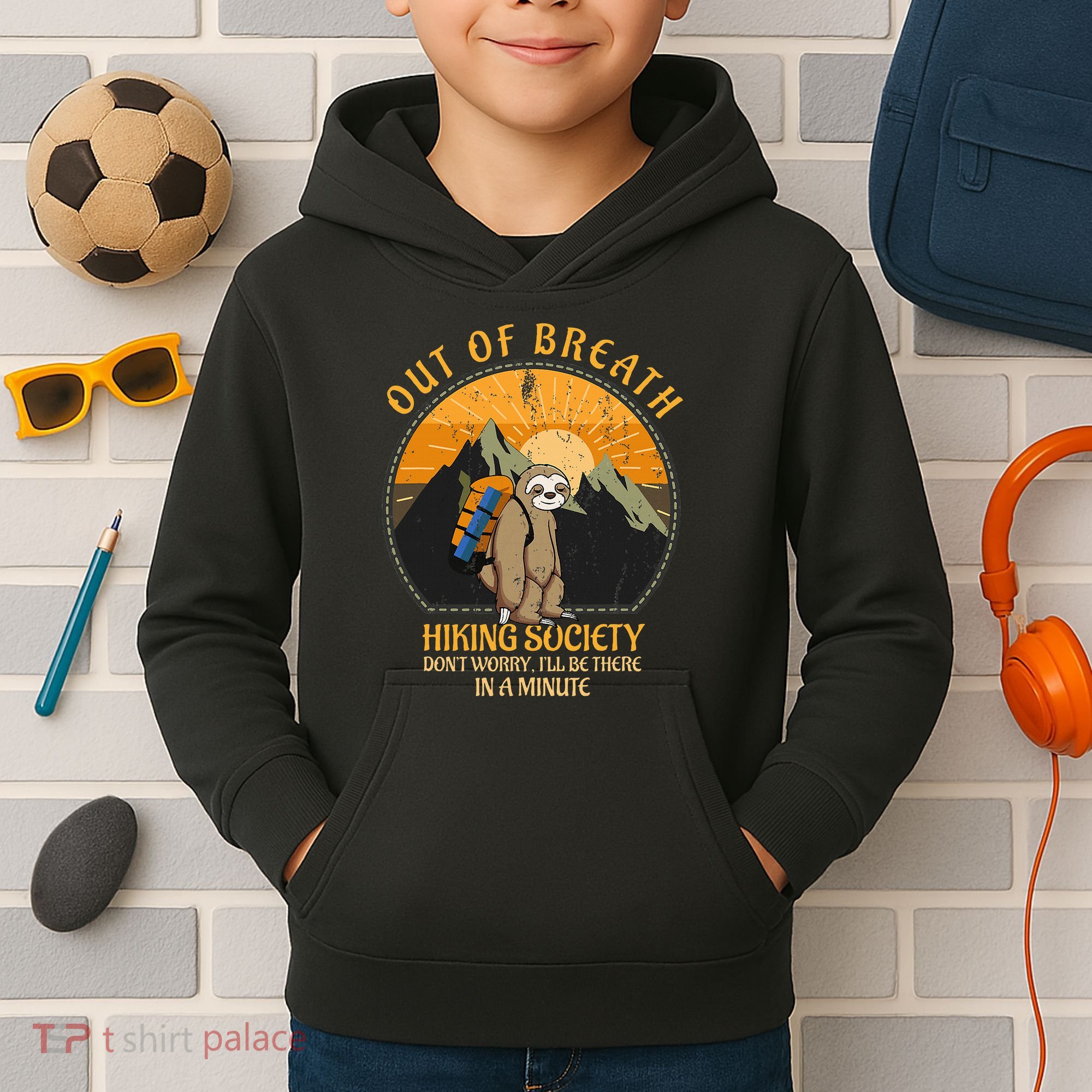 Sloth Hiker Joke Out Of Breath Hiking Society Kids Hoodie