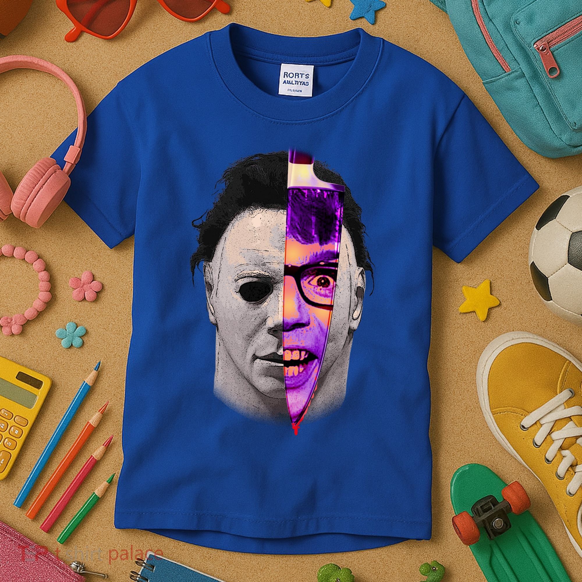 Scary Halloween Mask And Knife Kids T-Shirt