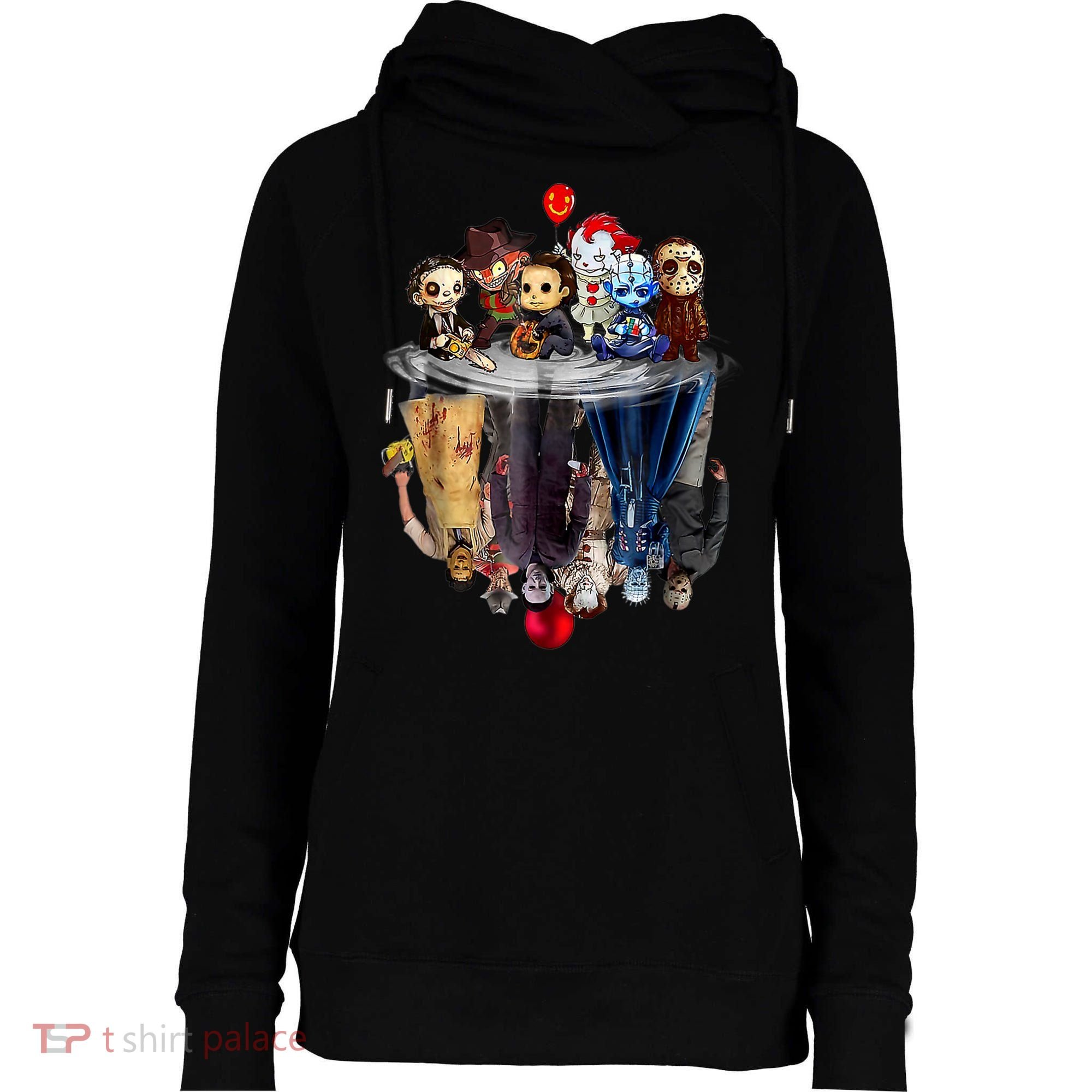 Scary Horror Movies Chibi Character Water Reflection Womens Funnel Neck Pullover Hood