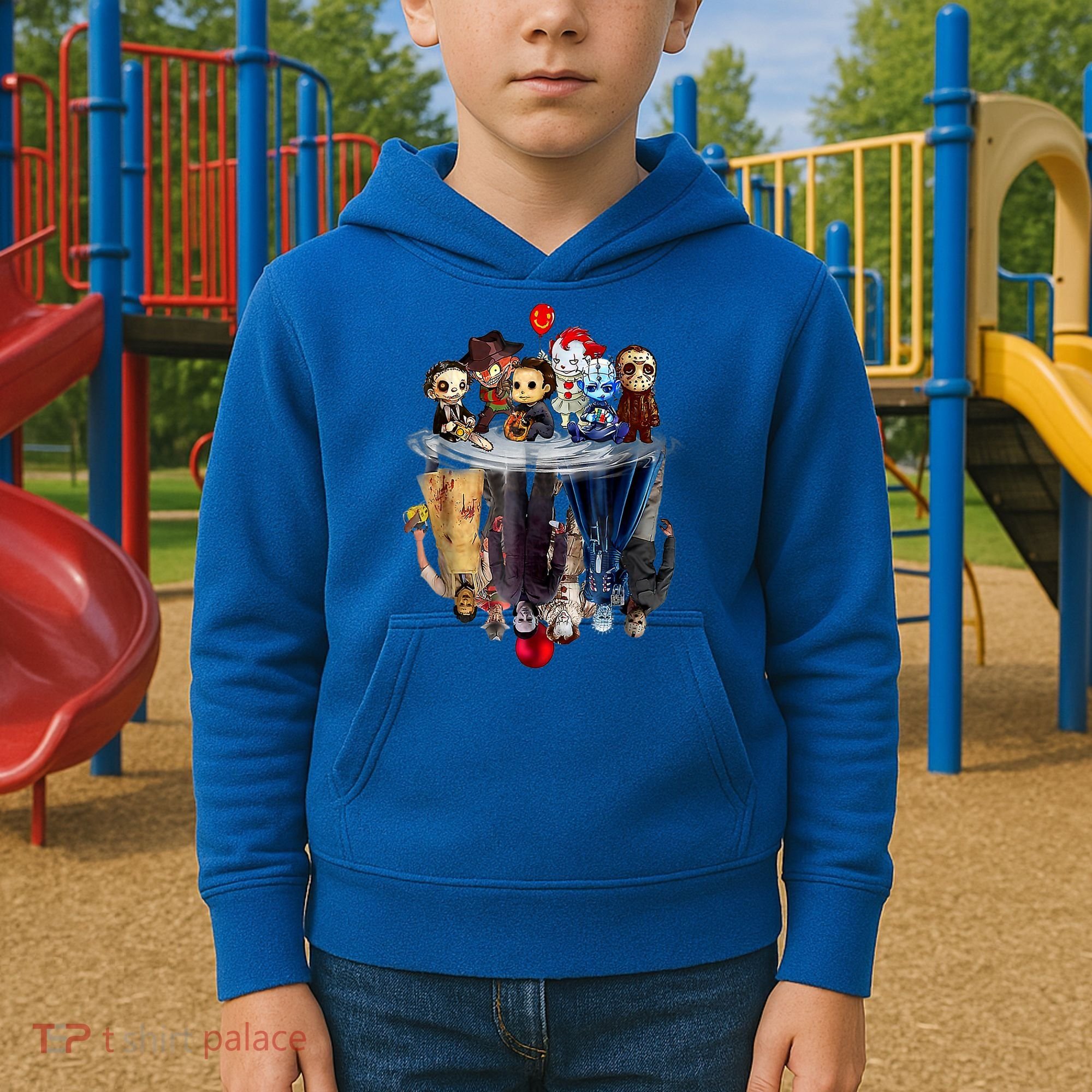 Scary Horror Movies Chibi Character Water Reflection Kids Hoodie