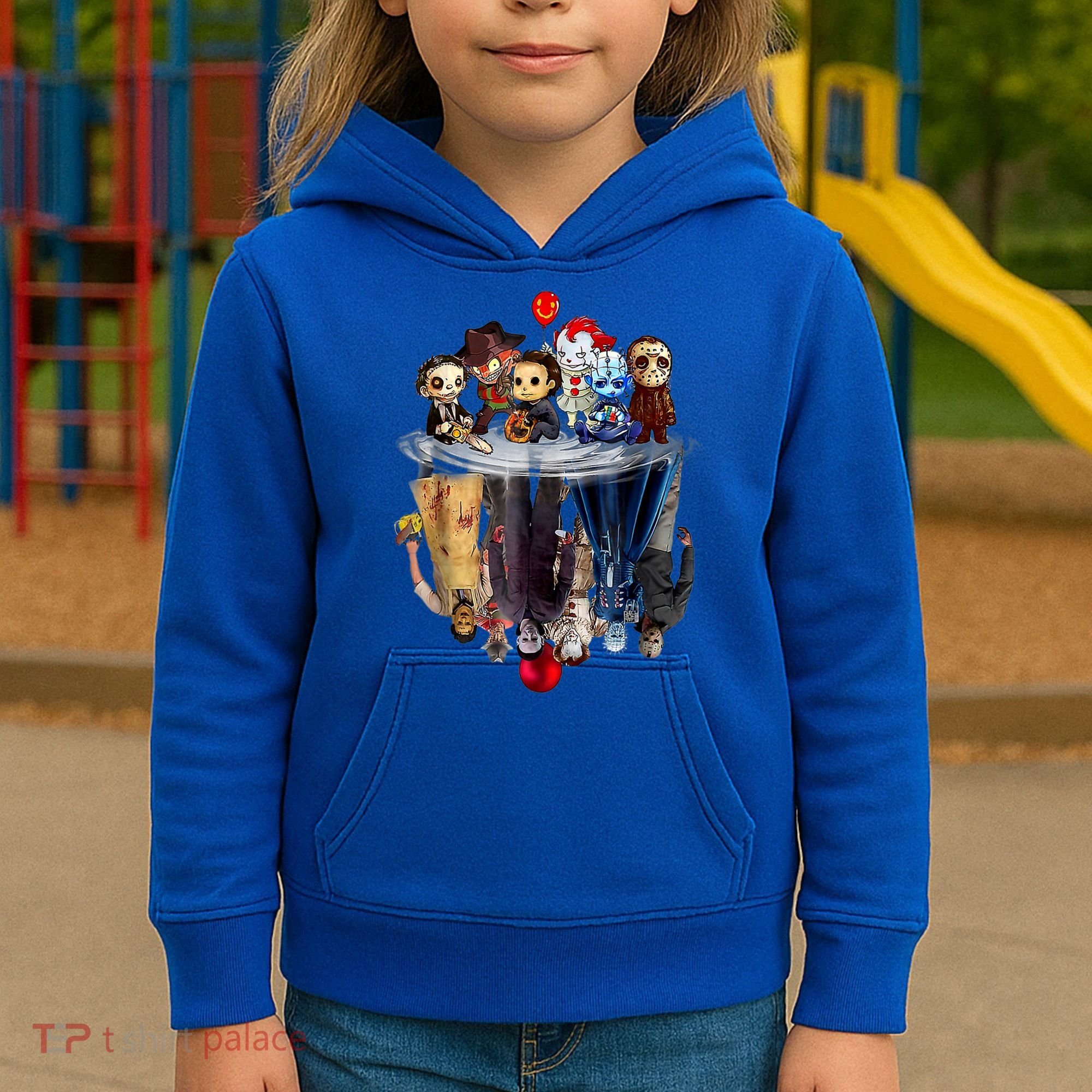 Scary Horror Movies Chibi Character Water Reflection Kids Hoodie