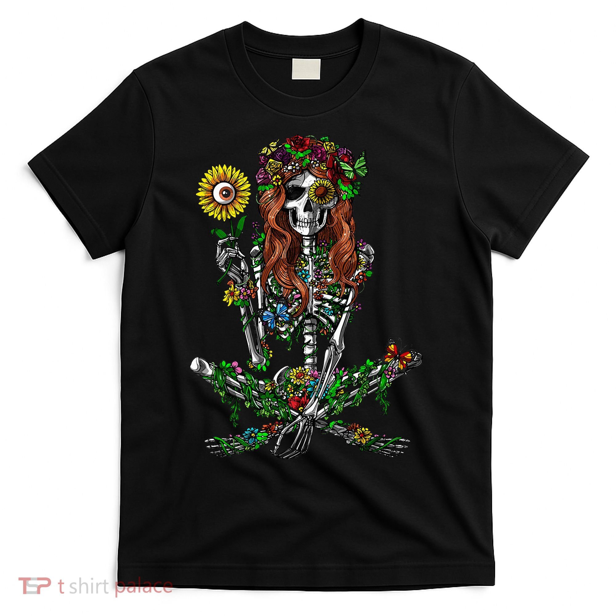 Skeleton Hippie Psychedelic Sunflower Nature Floral Women T-Shirt