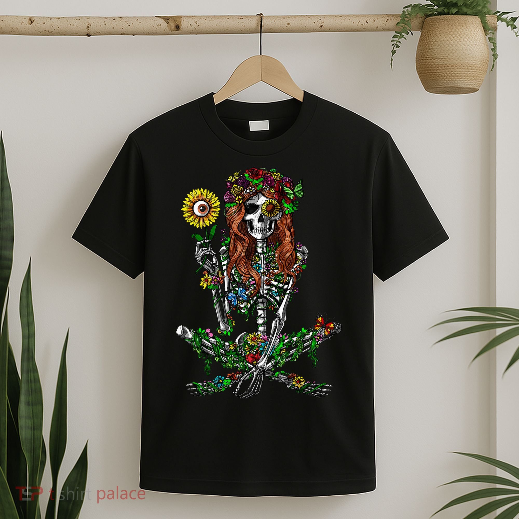 Skeleton Hippie Psychedelic Sunflower Nature Floral Women T-Shirt