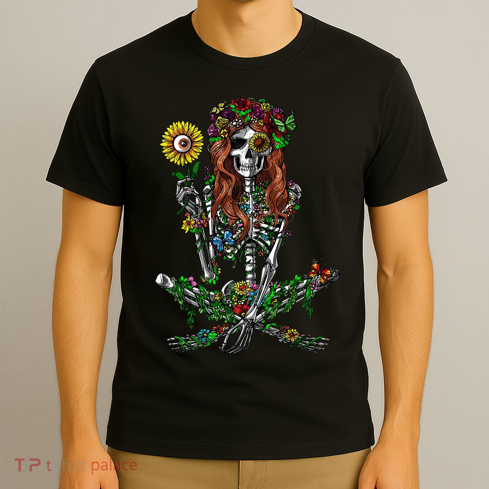 Skeleton Hippie Psychedelic Sunflower Nature Floral Women T-Shirt