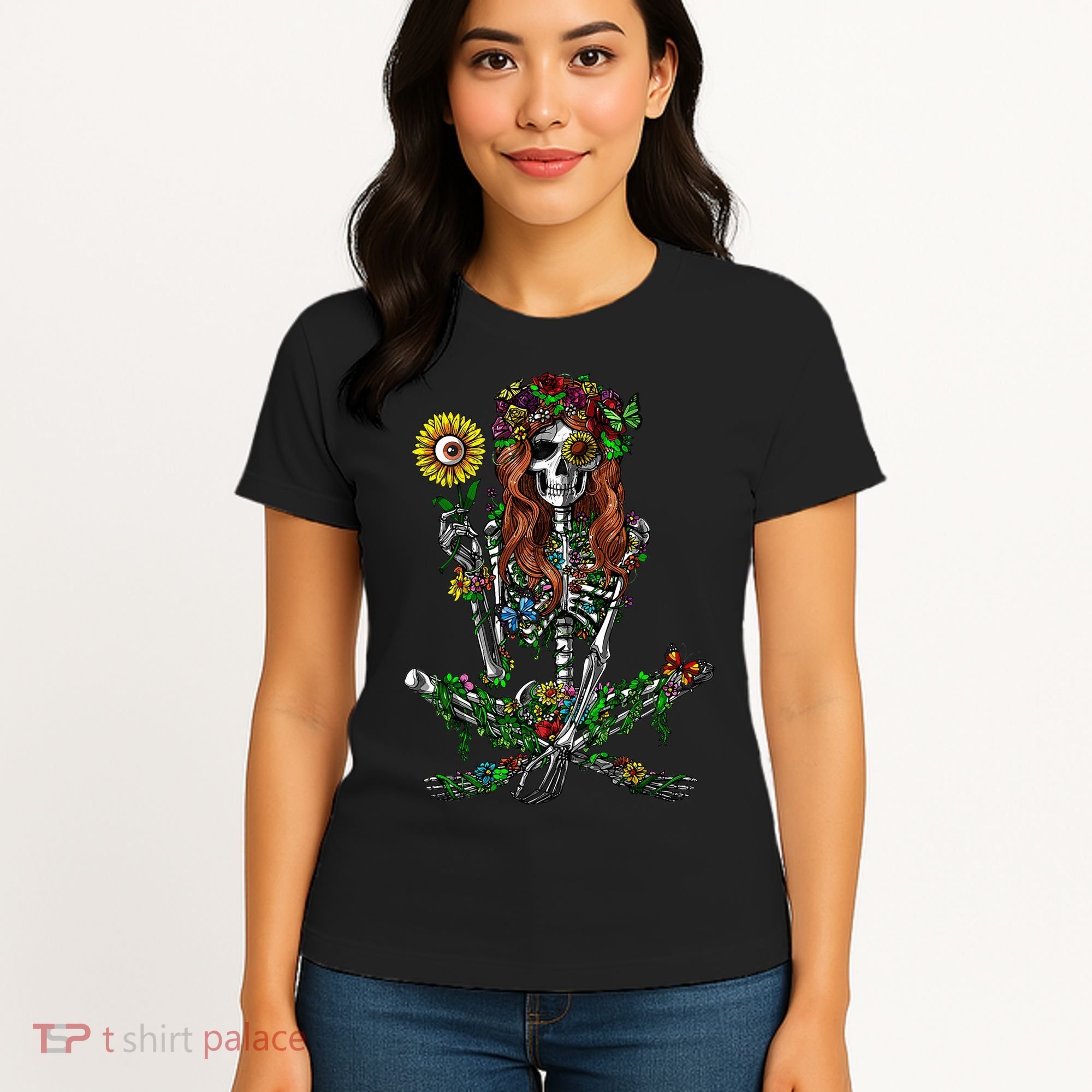 Skeleton Hippie Psychedelic Sunflower Nature Floral Women Women's T-Shirt