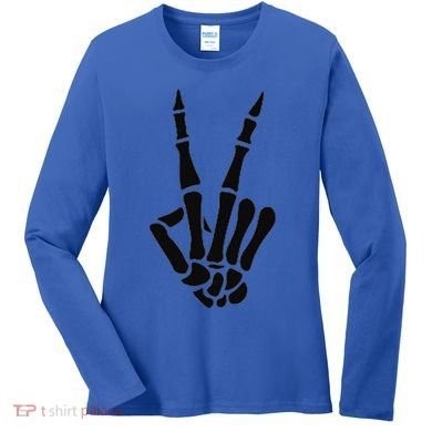 Skeleton Hand Peace Sign Bones Pocket Halloween Skeleton Women's Long Sleeve Shirt