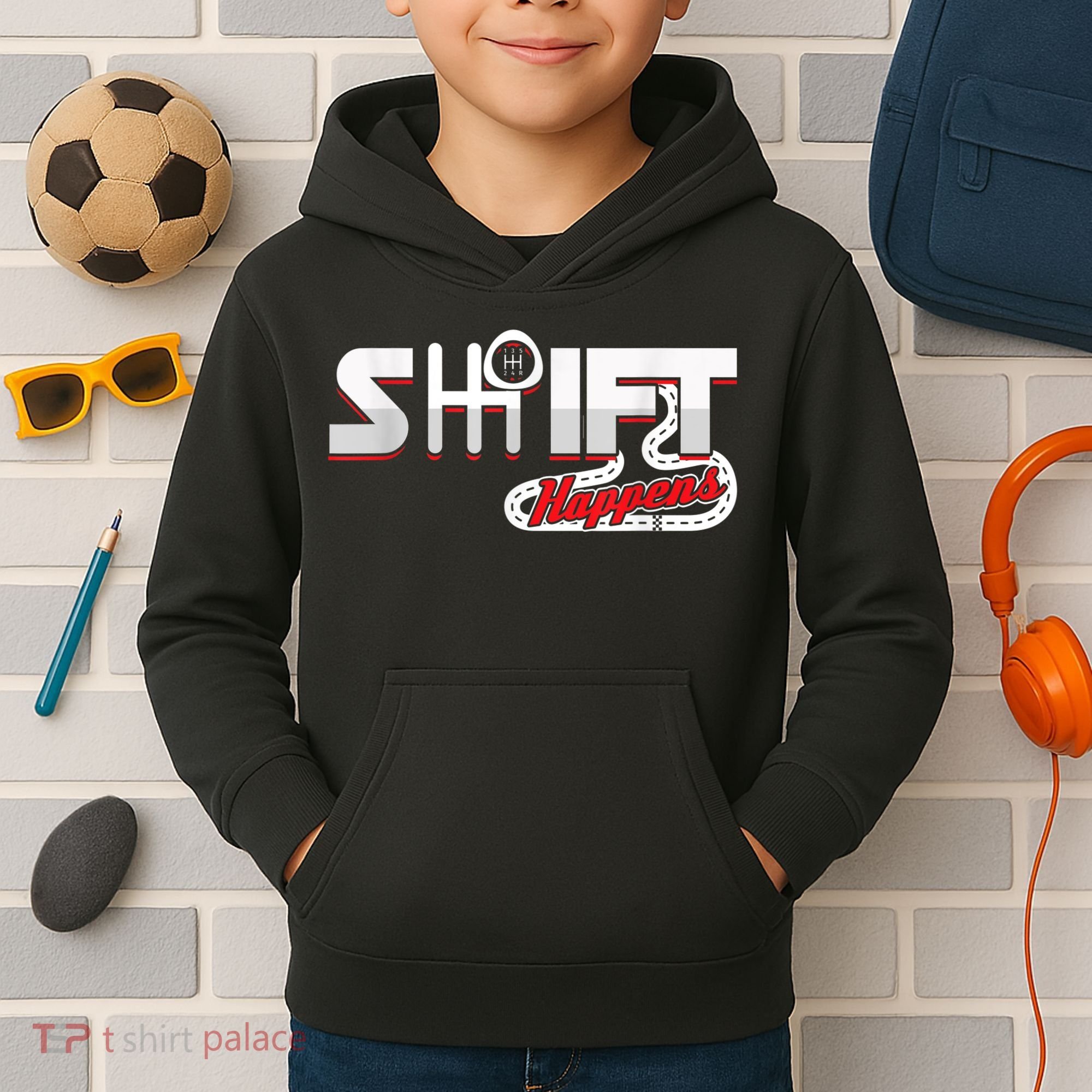 Shift Happens Race Racing Car Manual Mechanic Sportcar Kids Hoodie