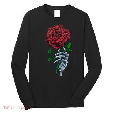 Skeleton Hand Red Rose Flower Long Sleeve Shirt