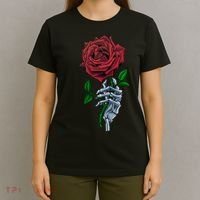 Skeleton Hand Red Rose Flower T-Shirt thumb 4