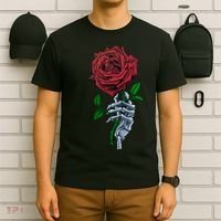 Skeleton Hand Red Rose Flower T-Shirt thumb 6