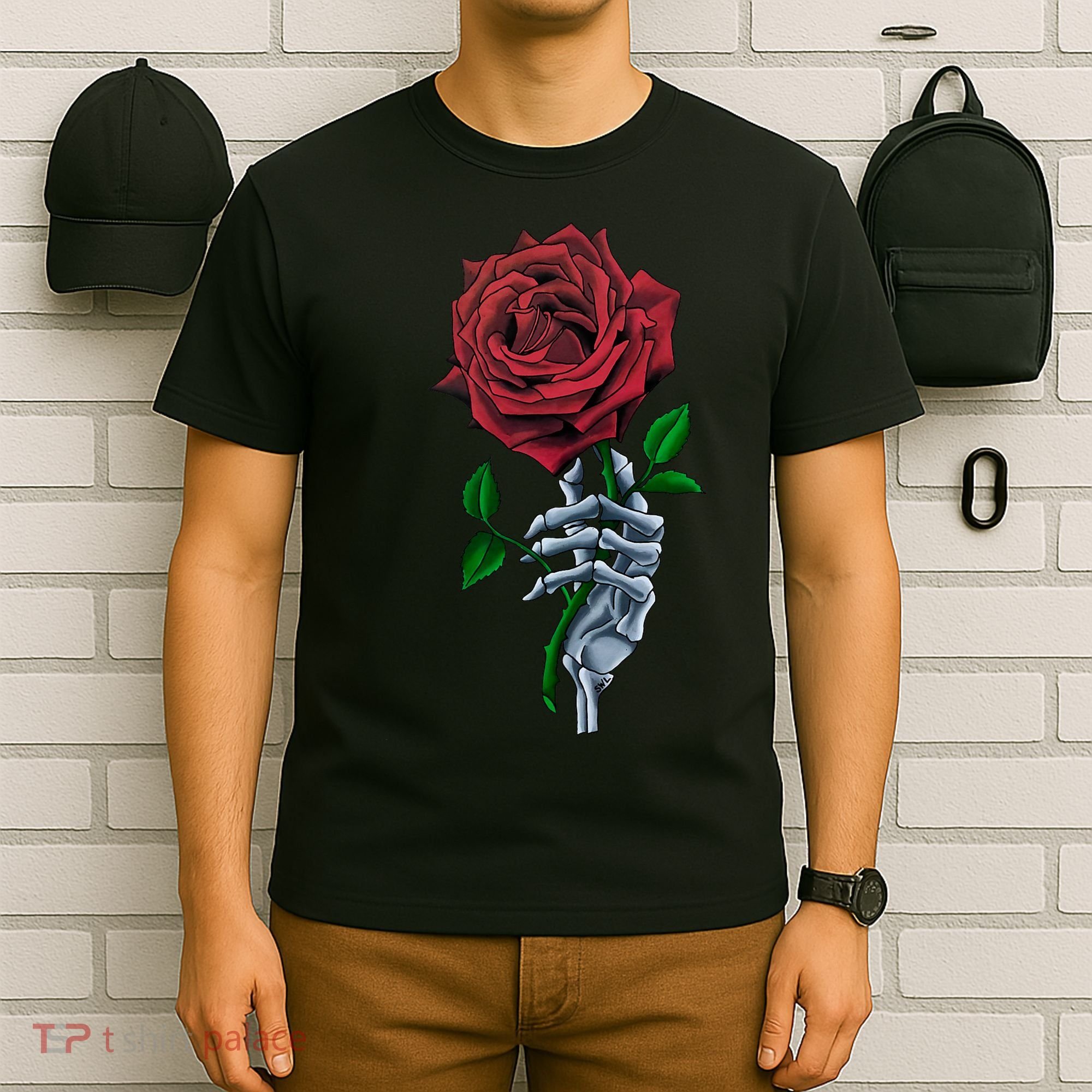 Skeleton Hand Red Rose Flower T-Shirt