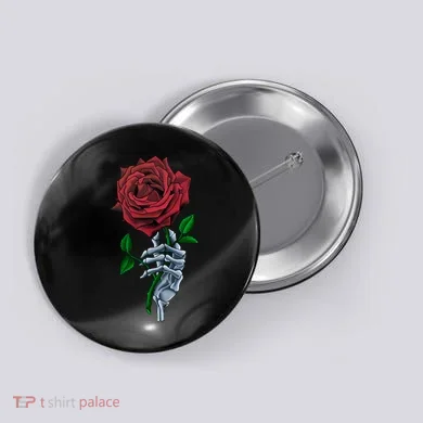 Skeleton Hand Red Rose Flower Button