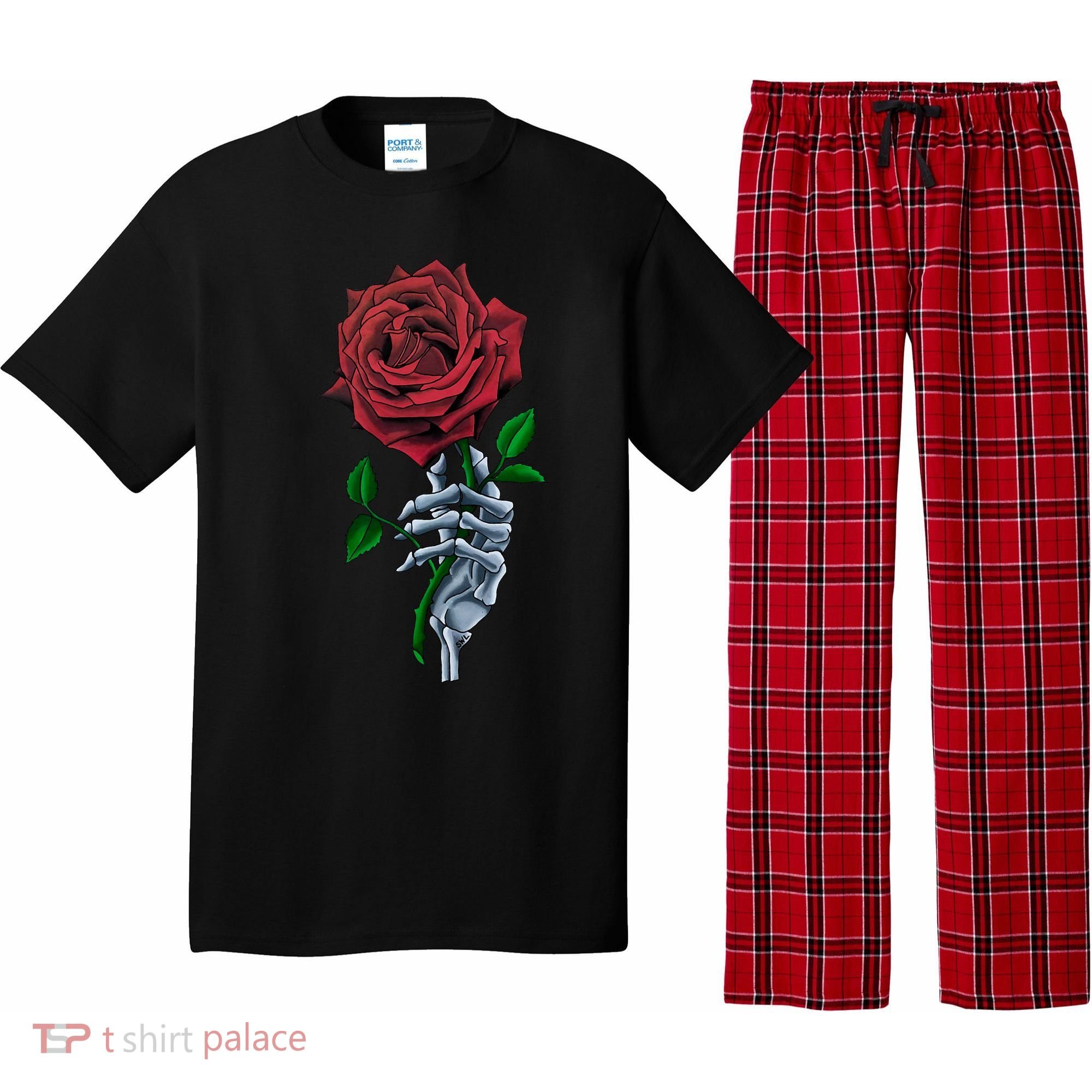 Skeleton Hand Red Rose Flower Pajama Set