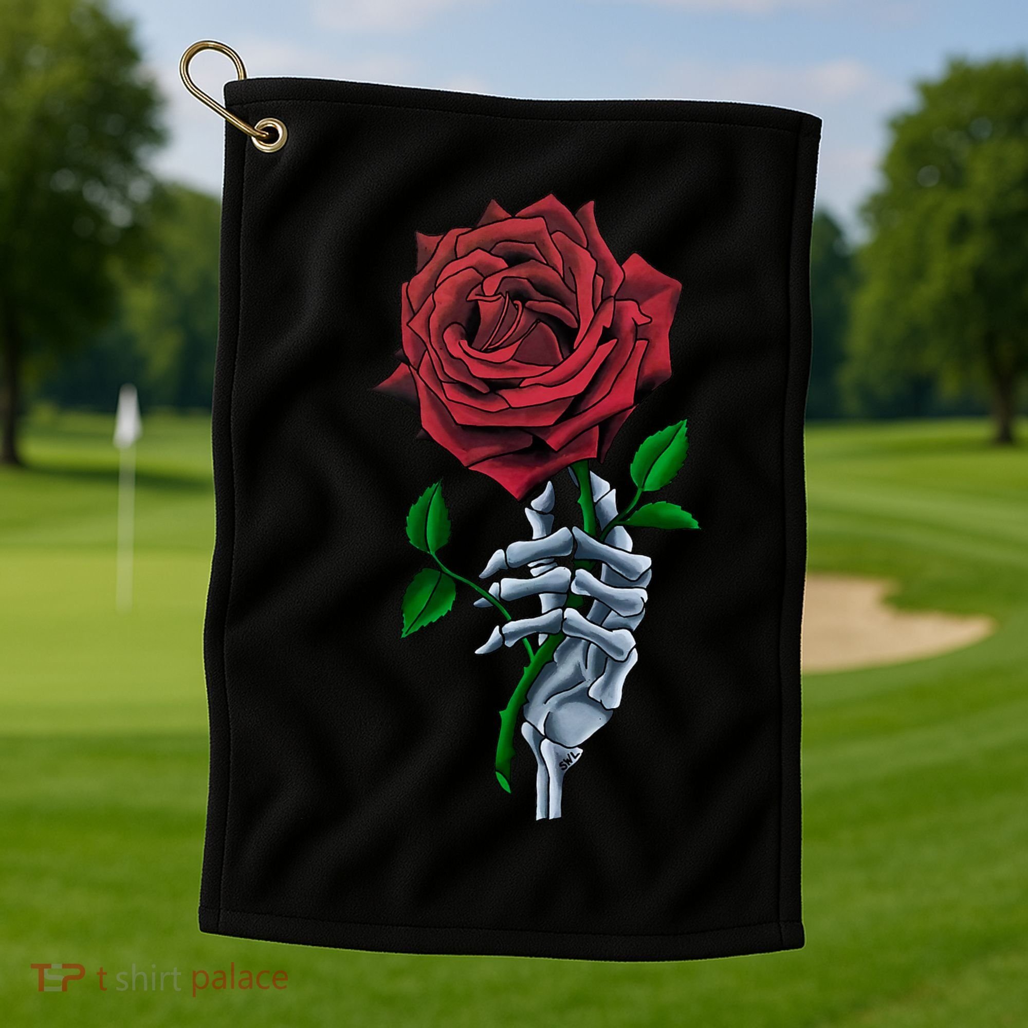 Skeleton Hand Red Rose Flower Golf Towel